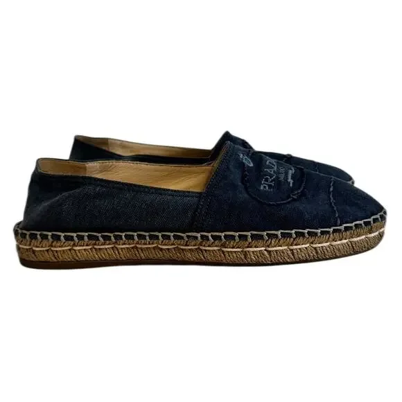 Prada Logo Blue Denim Espadrilles Size 37 Designer Slip On Flats Authentic - Picture 2 of 12